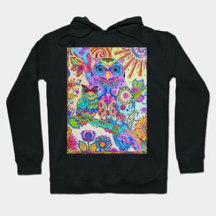 Colorful Pencil Sketch Owl Doodle Art Motif Hoodie